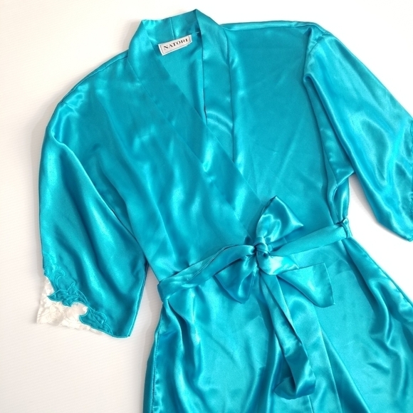 NATORI Vintage Satin Lace Trim Embroidered Sleeves Short Robe M - Picture 7 of 12